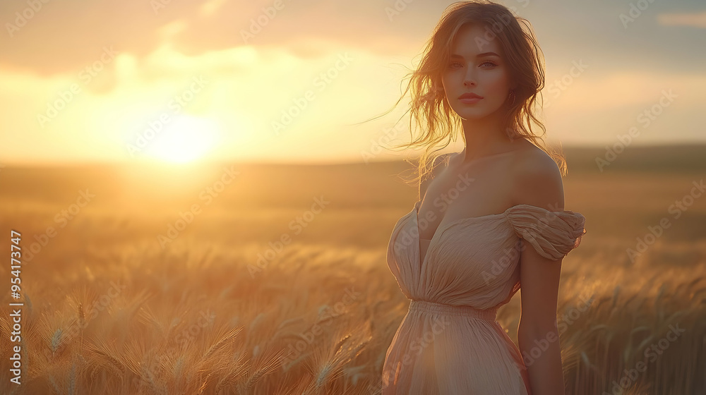 Beautiful woman standing in a wheat field at sunset. Beautiful woman standing in a wheat field at sunset.