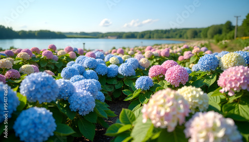 Vibrant Hydrangeas Overlooking Serene Lake