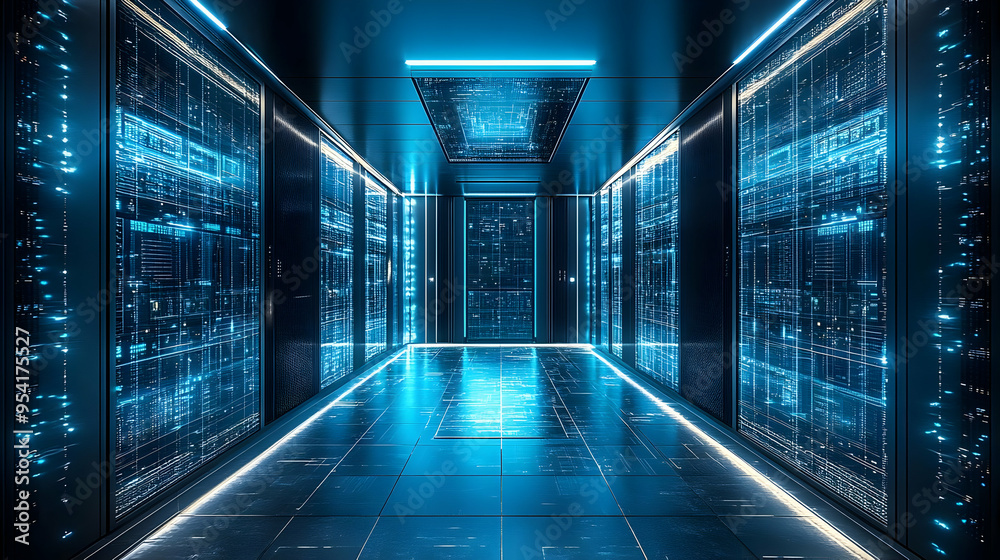 Blue illuminated hallway with server racks. Blue illuminated hallway with server racks.