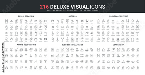 Business intelligence, workplace and corporate culture, success award and prize line icon set. Public speaker at podium, conference, vision of leader thin black outline symbols vector illustration