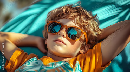 Boy wearing sunglasses, lay...