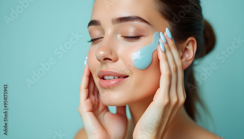 Woman Gently Applying Blue Skincare Cream