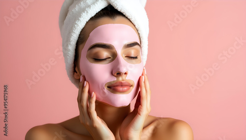 Woman with Towel Turban Relaxing with Pink Face Mask