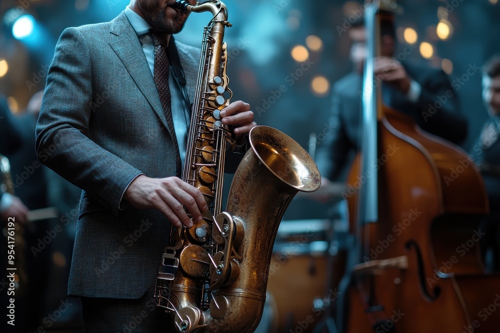 Obraz premium A man playing a saxophone in front of a group of musicians