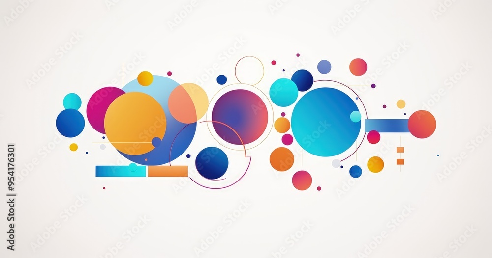 Abstract composition featuring colorful circles and shapes on white background Abstract composition featuring colorful circles and shapes on white background