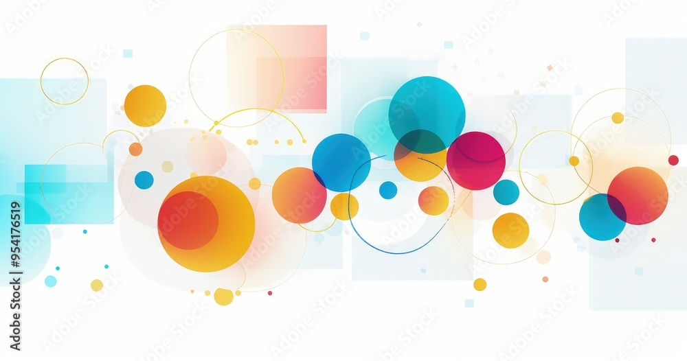 Abstract design featuring colorful circles and shapes on white background for creative visuals. Abstract design featuring colorful circles and shapes on white background for creative visuals.