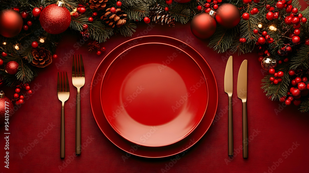 Christmas table setting with red plates and festive greenery. Christmas table setting with red plates and festive greenery.