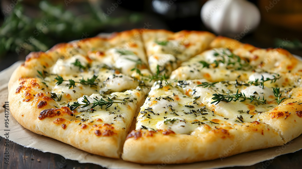 Close up of a cheesy white pizza topped with fresh thyme. Close up of a cheesy white pizza topped with fresh thyme.