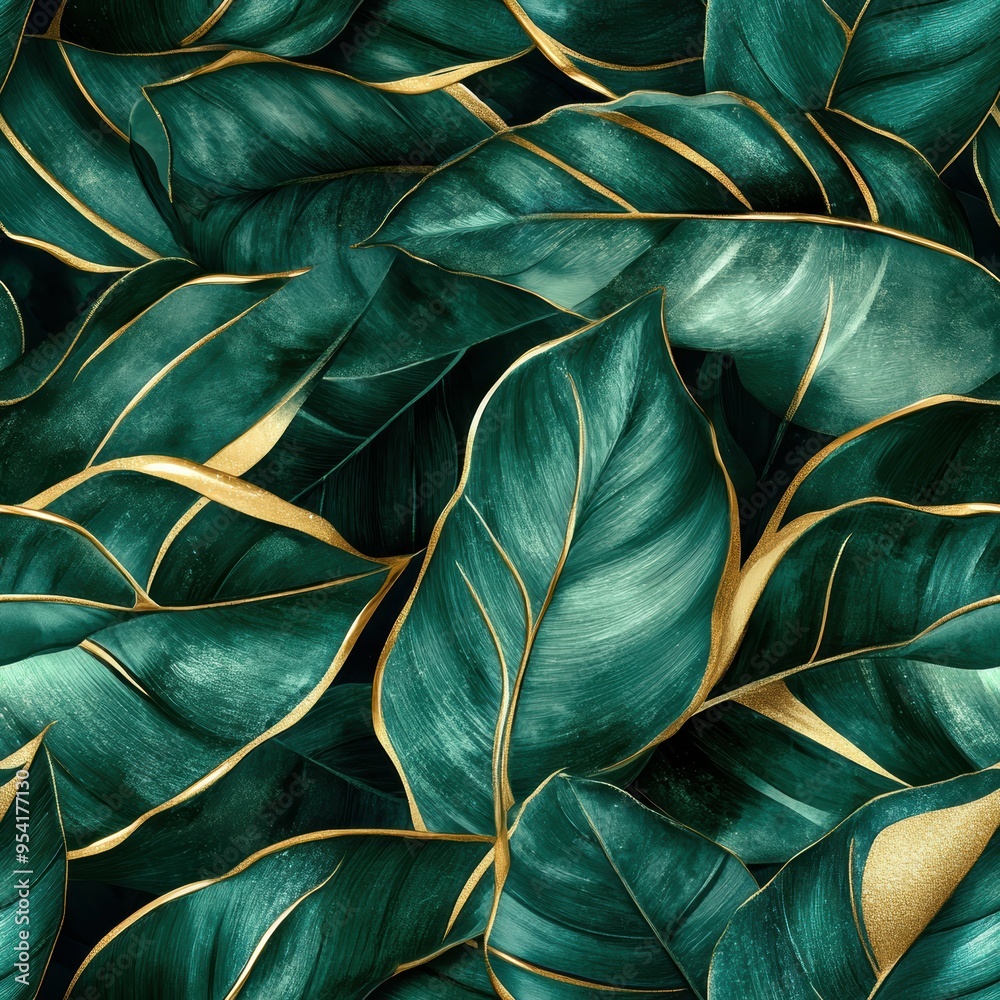 Lush tropical leaves in deep greens with gold veining for exotic luxury Lush tropical leaves in deep greens with gold veining for exotic luxury