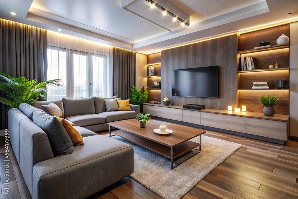 Fototapeta premium Modern living room with sleek gray sectional sofa, large wall-mounted flat-screen TV, and minimalist console table