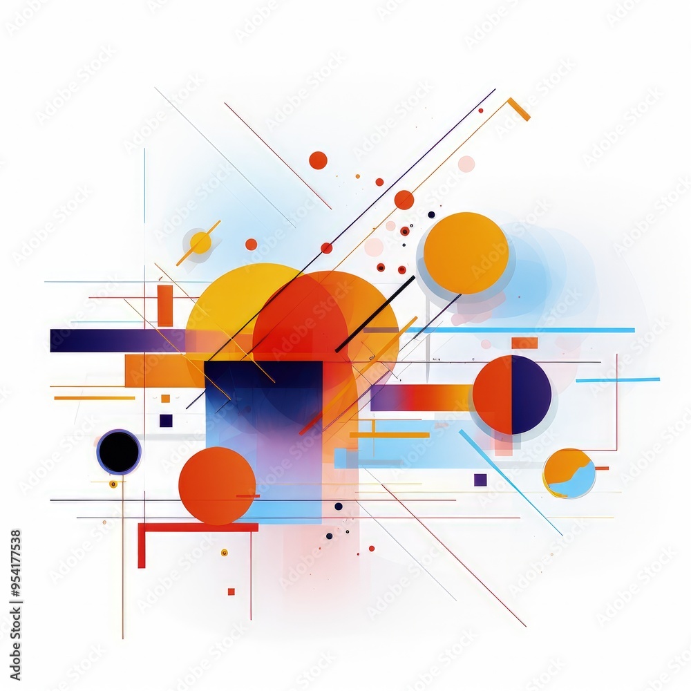 Obraz premium Abstract design featuring vibrant colors, geometric shapes, and dynamic lines on white background.