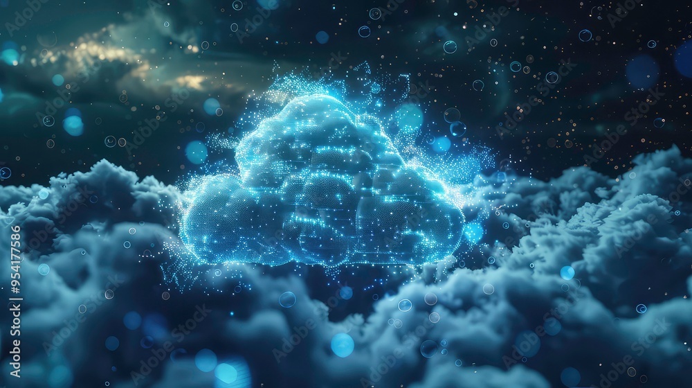 Glowing cloud shape, abstract technology background with bokeh lights and blue cloud. Glowing cloud shape, abstract technology background with bokeh lights and blue cloud.