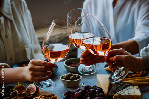Obraz na płótnie Glasses of rose wine seen during a friendly party of a celebration. w salonie