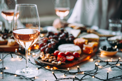 Obraz na płótnie Wooden board with different kinds of cheese and glass of rose wine. Dinner or aperitivo party concept. w salonie
