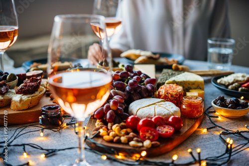 Obraz na płótnie Wooden board with different kinds of cheese and glass of rose wine. Dinner or aperitivo party concept. w salonie