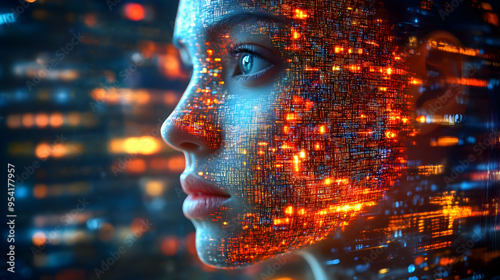 Close up of a woman's face with a digital grid overlay and bokeh lights in the background. Close up of a woman's face with a digital grid overlay and bokeh lights in the background.