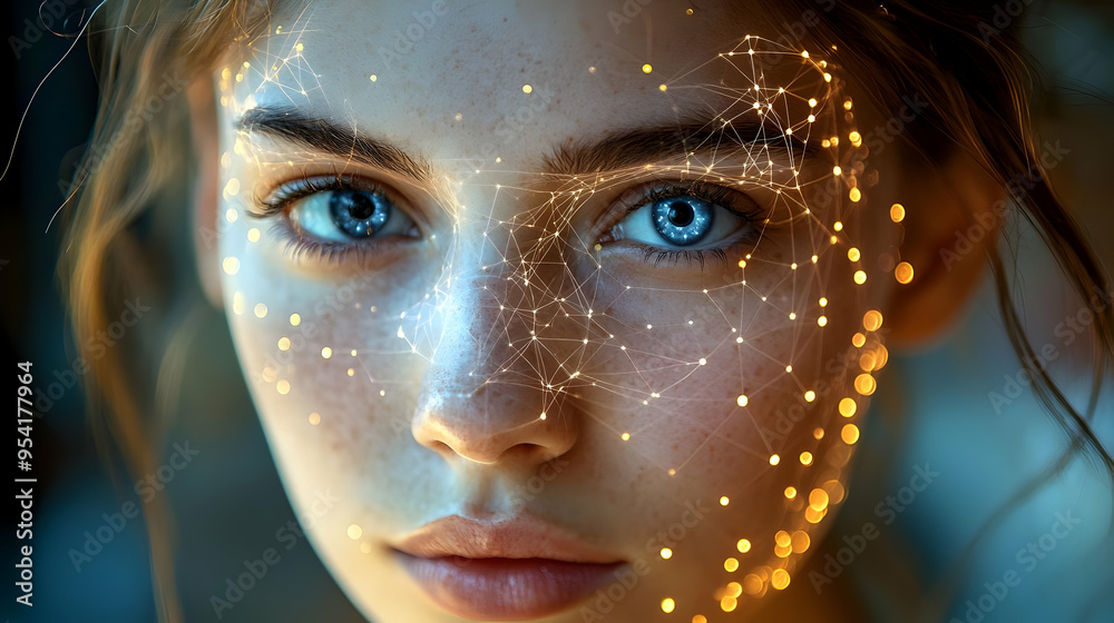 Close up of a woman's face with glowing lines and dots. Close up of a woman's face with glowing lines and dots.