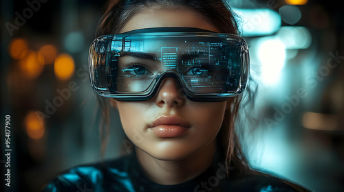 Close up of a woman wearing futuristic glasses with digital display.