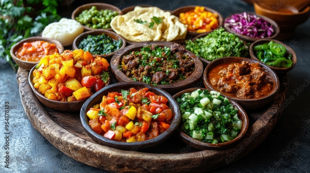 Authentic Ethiopian Injera Platter with Colorful Spiced Stews and Fresh Vegetables on Traditional Dish - Exotic African Cuisine Delight