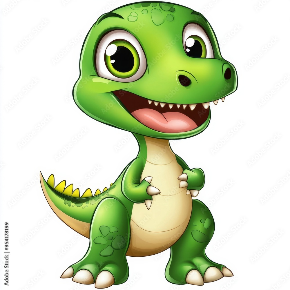 Fototapeta premium Smiling Dinosaur: A playful, friendly green dinosaur with big, joyful eyes. Perfect for children's illustrations, educational materials, and whimsical designs. 