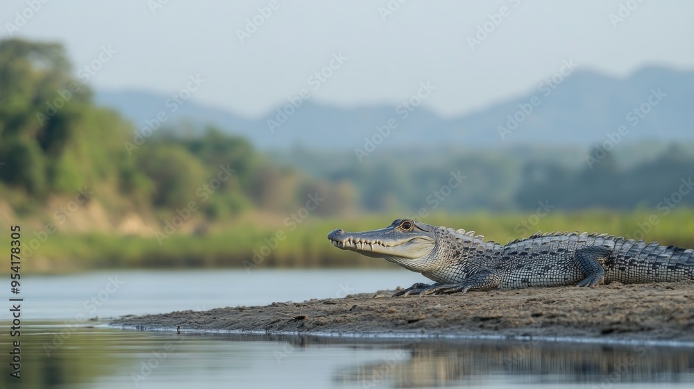 Fototapeta premium Crocodile Sunbathing by the River