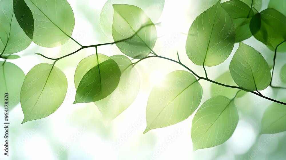 Obraz premium Close up of green leaves with sunlight shining through.
