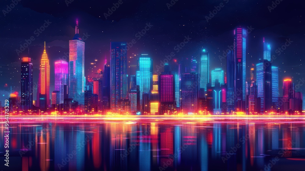 Fototapeta premium Vibrant Cartoon Cityscape with Cheerful Vehicles in Neon Colors