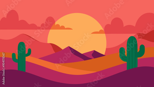 Vector Illustration of Desert Landscape with Vibrant Sunset and Cacti