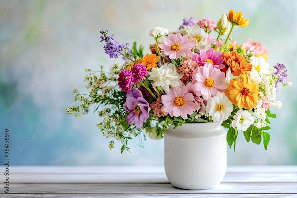 A bouquet of flowers in a white vase A bouquet of flowers in a white vase