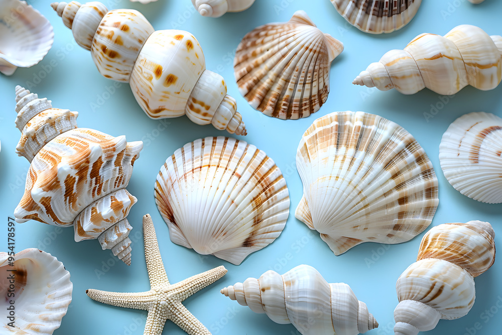 Obraz premium Beautiful Sea Shells on Light Blue Background | Coastal Decor and Nature-Inspired Aesthetic