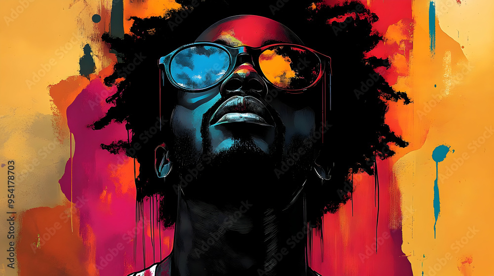Close up portrait of a man with afro hair wearing sunglasses against a colorful background. Close up portrait of a man with afro hair wearing sunglasses against a colorful background.