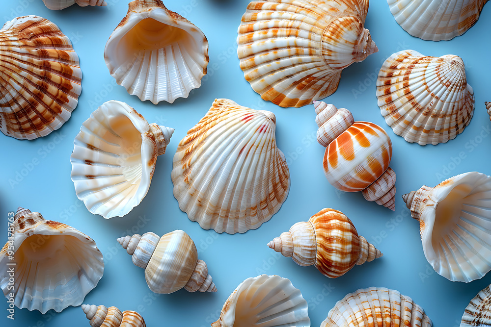 Beautiful Sea Shells on Light Blue Background | Coastal Decor and Nature-Inspired Aesthetic