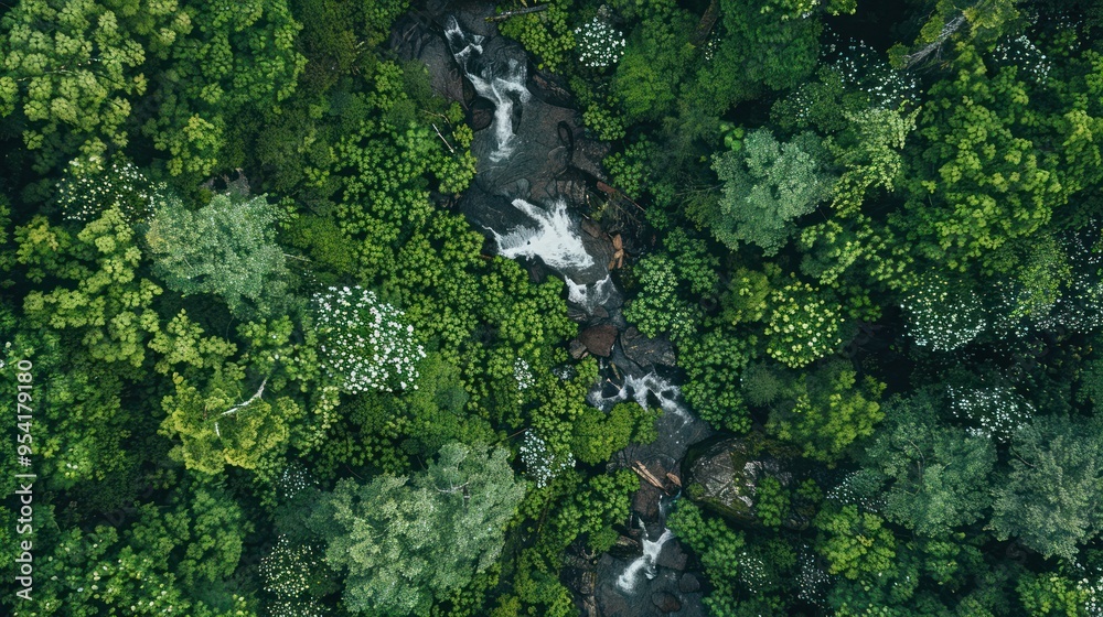 Fototapeta premium Aerial View of a Stream Winding Through Lush Forest
