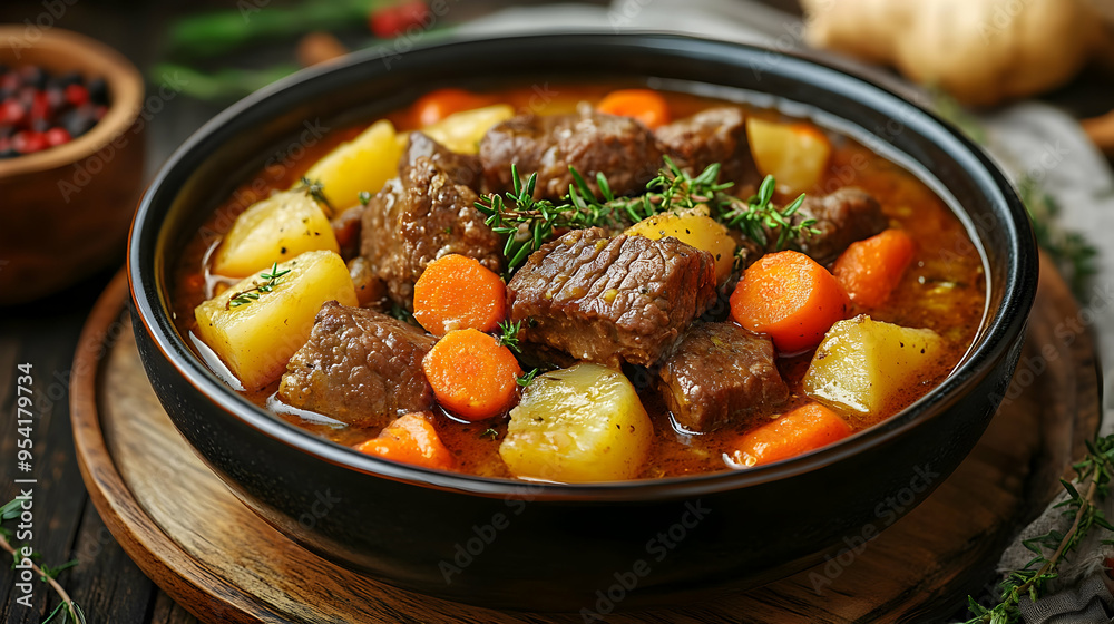 Close-up of a bowl of beef stew with potatoes and carrots. Close-up of a bowl of beef stew with potatoes and carrots.
