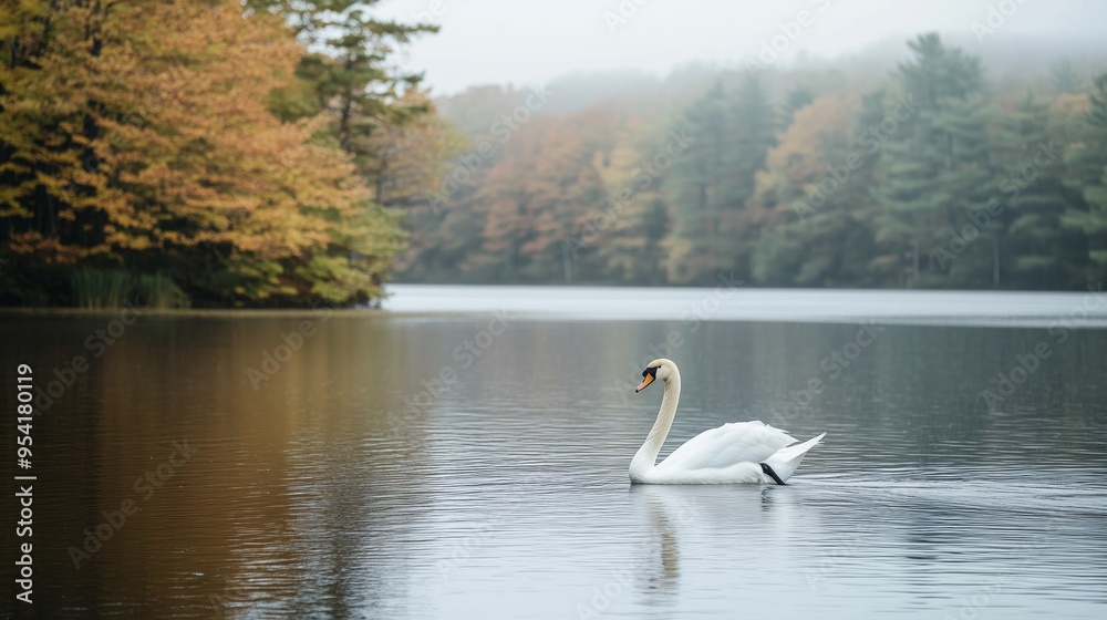 A swan is swimming in a lake with foggy water. The swan is the main focus of the image, and the foggy water creates a serene and peaceful atmosphere A swan is swimming in a lake with foggy water. The swan is the main focus of the image, and the foggy water creates a serene and peaceful atmosphere