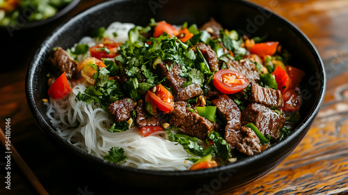 Close-up of a bowl of rice noodles with sliced beef, tomatoes, and cilantro.