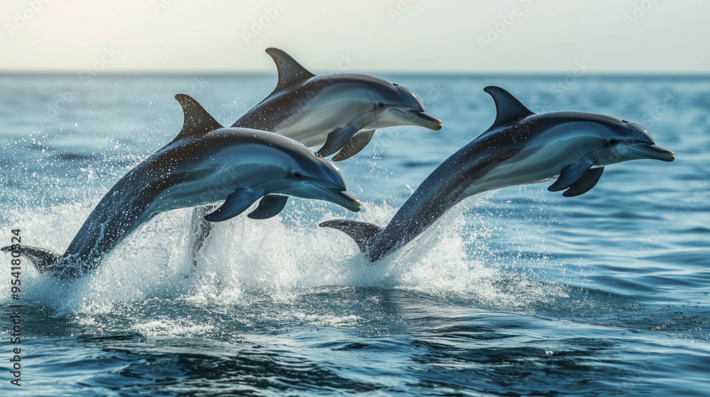 Fototapeta premium Three dolphins jumping out of the water. Concept of freedom and joy as the dolphins leap through the air