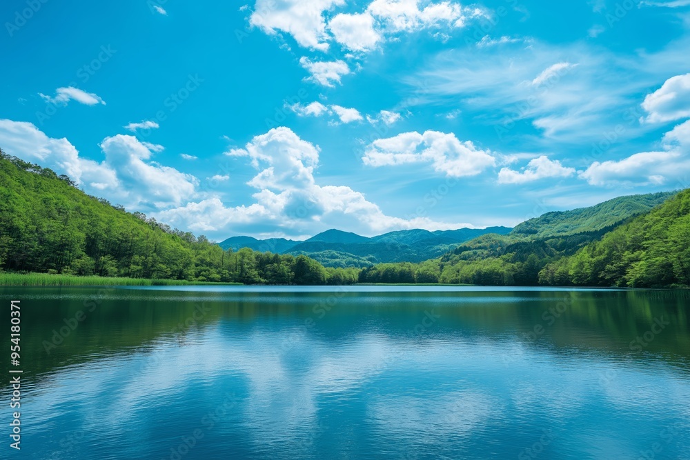 A serene lake with clear blue water reflecting the surrounding trees and sky, showcasing a peaceful natural scenery. A serene lake with clear blue water reflecting the surrounding trees and sky, showcasing a peaceful natural scenery.