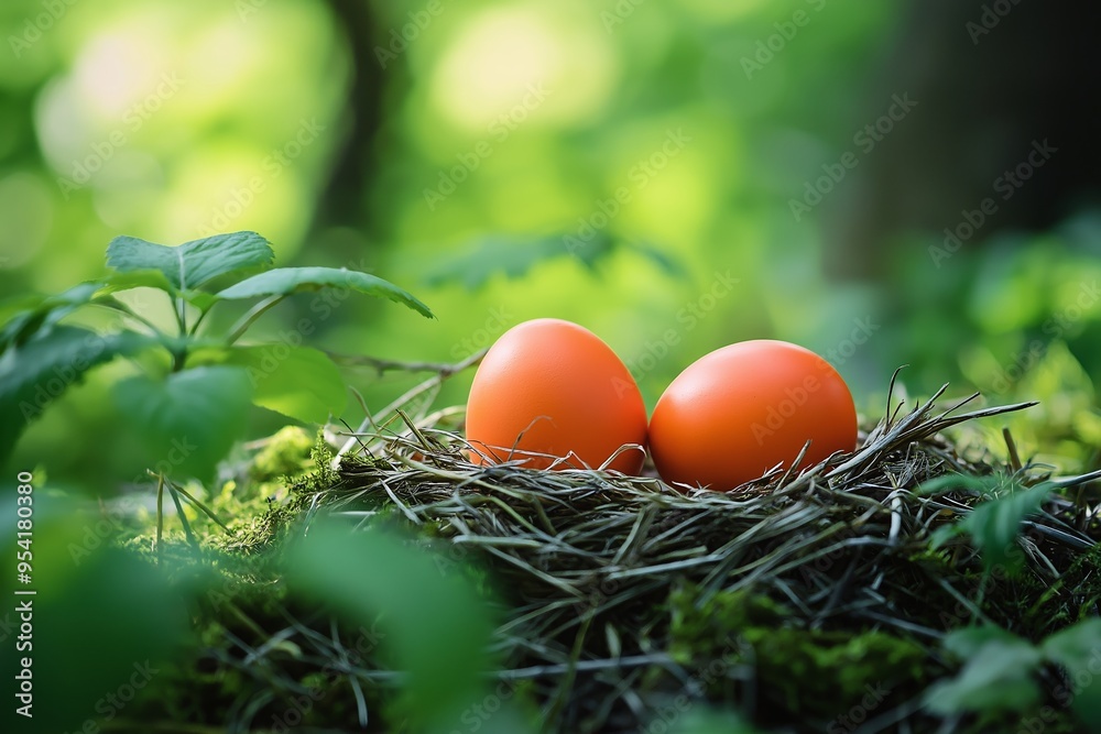 Image of two bright orange eggs securely placed in a natural nest, captured in the wild, symbolizing new life and beginnings. Image of two bright orange eggs securely placed in a natural nest, captured in the wild, symbolizing new life and beginnings.
