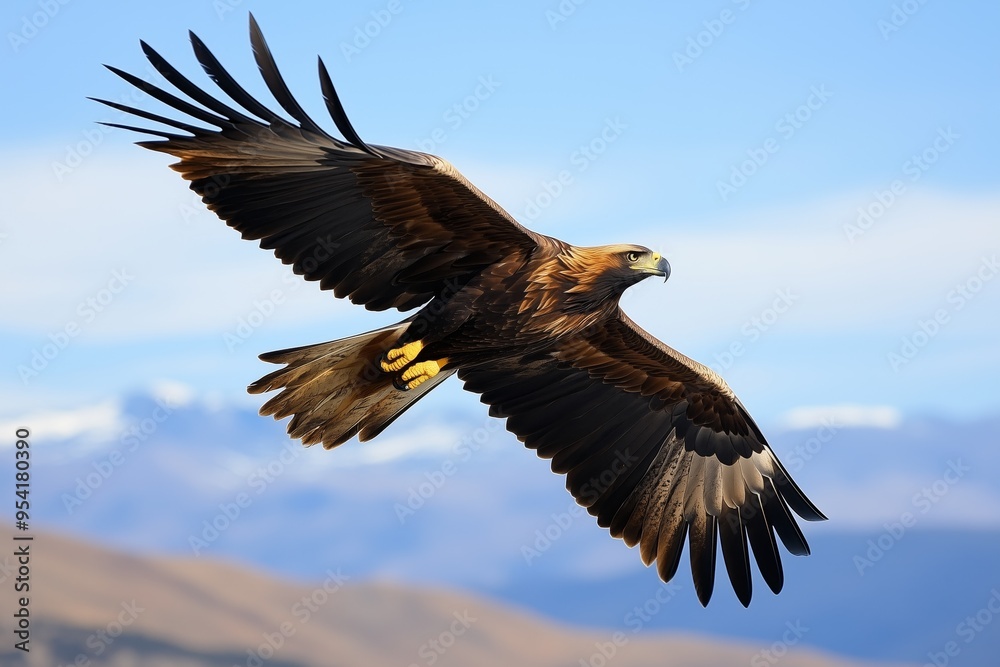 Obraz premium A large eagle is flying through the sky with its wings spread wide. The image has a sense of freedom and majesty, as the eagle soars high above the trees and the ground