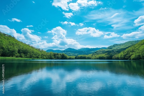 A serene lake with clear blue water reflecting the surrounding trees and sky, showcasing a peaceful natural scenery.