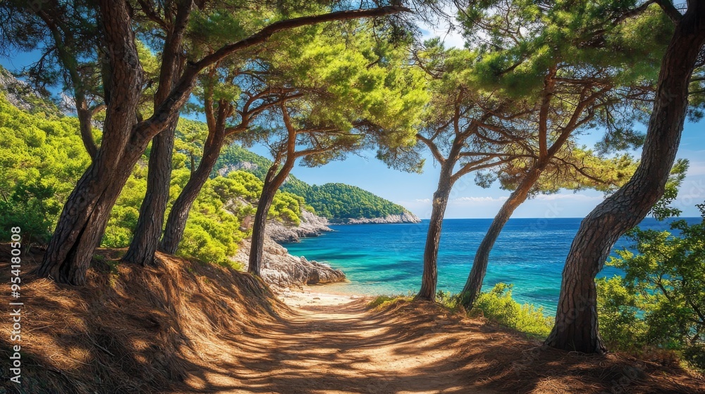 The picture of pine trees near the beach looks so beautiful
