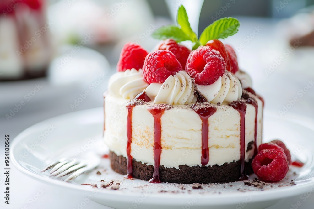 Mini cheesecake topped with fresh raspberries, a drizzle of berry sauce, and mint garnish, on a white plate for a sweet treat. Mini cheesecake topped with fresh raspberries, a drizzle of berry sauce, and mint garnish, on a white plate for a sweet treat.