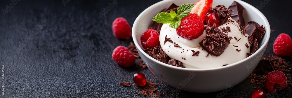 Elegant creamy dessert served with dark chocolate shavings and fresh raspberries in a white bowl on a black surface. Elegant creamy dessert served with dark chocolate shavings and fresh raspberries in a white bowl on a black surface.