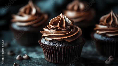 Close-up of a chocolate cupcake with swirls of chocolate frosting and chocolate chips on a dark background. photo