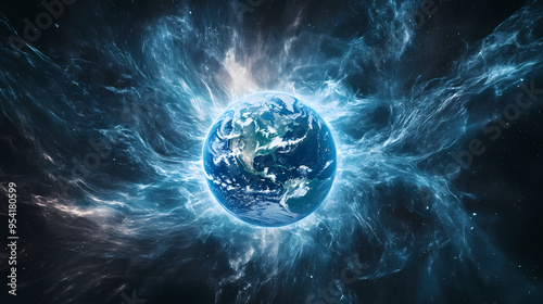 Fototapeta Naklejka Na Ścianę i Meble -  A view of the earth from space as a magnetic storm approaches. scientific illustration. generative ai. Storm. Illustration