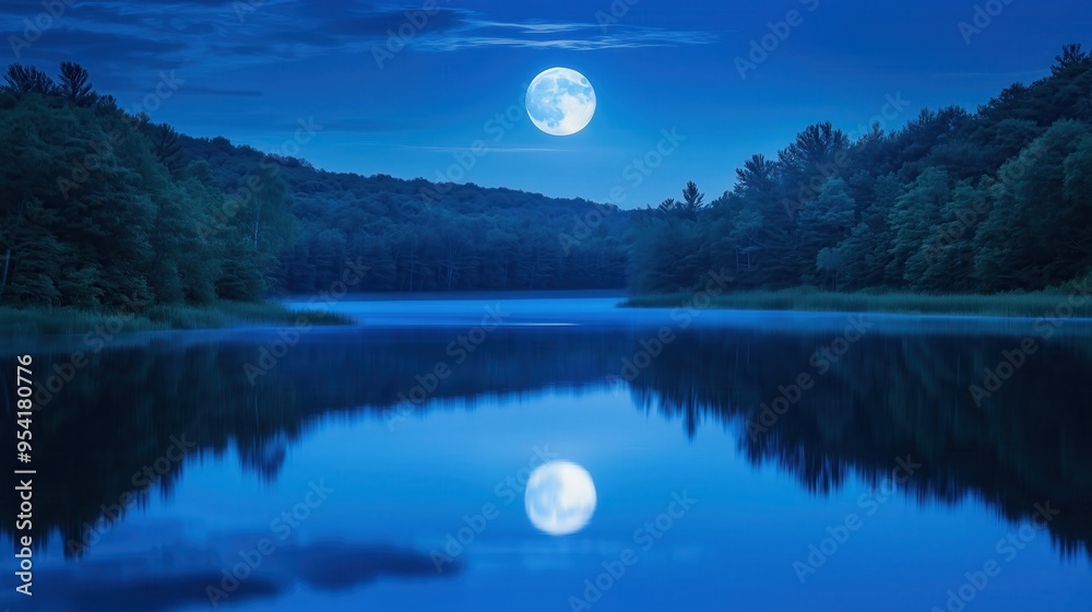 A large moon is reflected in the water of a lake. The sky is dark and the moon is the only light source A large moon is reflected in the water of a lake. The sky is dark and the moon is the only light source