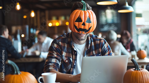 A man with a pumpkin mask in a cafe, orange and blue, festive Halloween fun. 
 photo