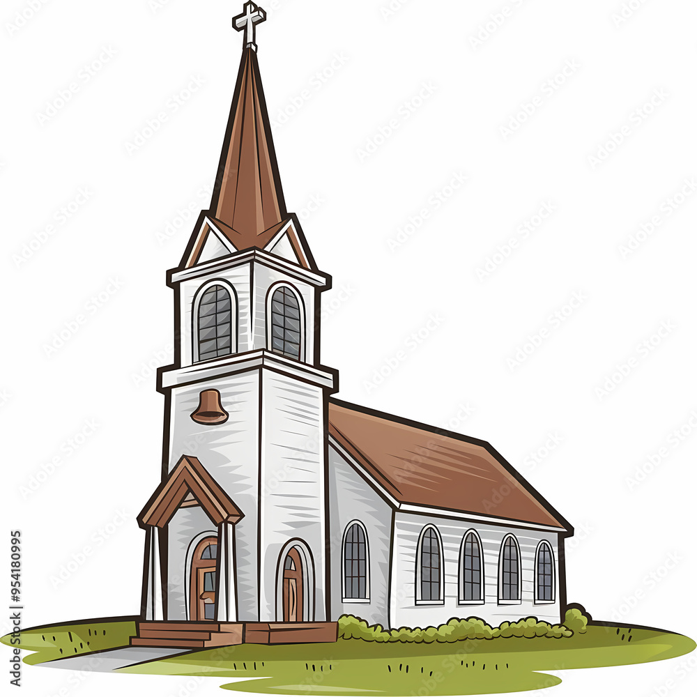 Naklejka premium Christian church with steeple and bell, Cartoon illustration, contour, isolated in white background