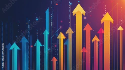 A colorful image of many arrows pointing upwards. The arrows are in different colors and sizes, and they are all pointing in different directions. Concept of growth and progress
